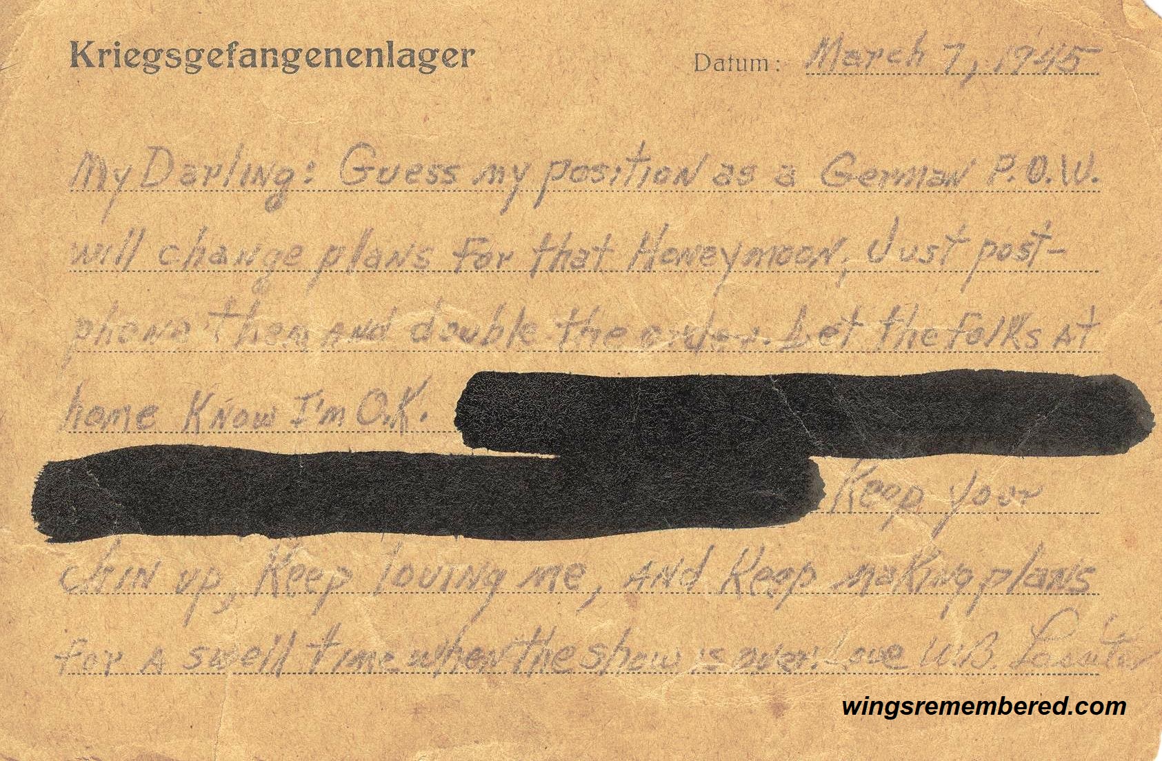 Bill's first correspondence to Annie as a POW
